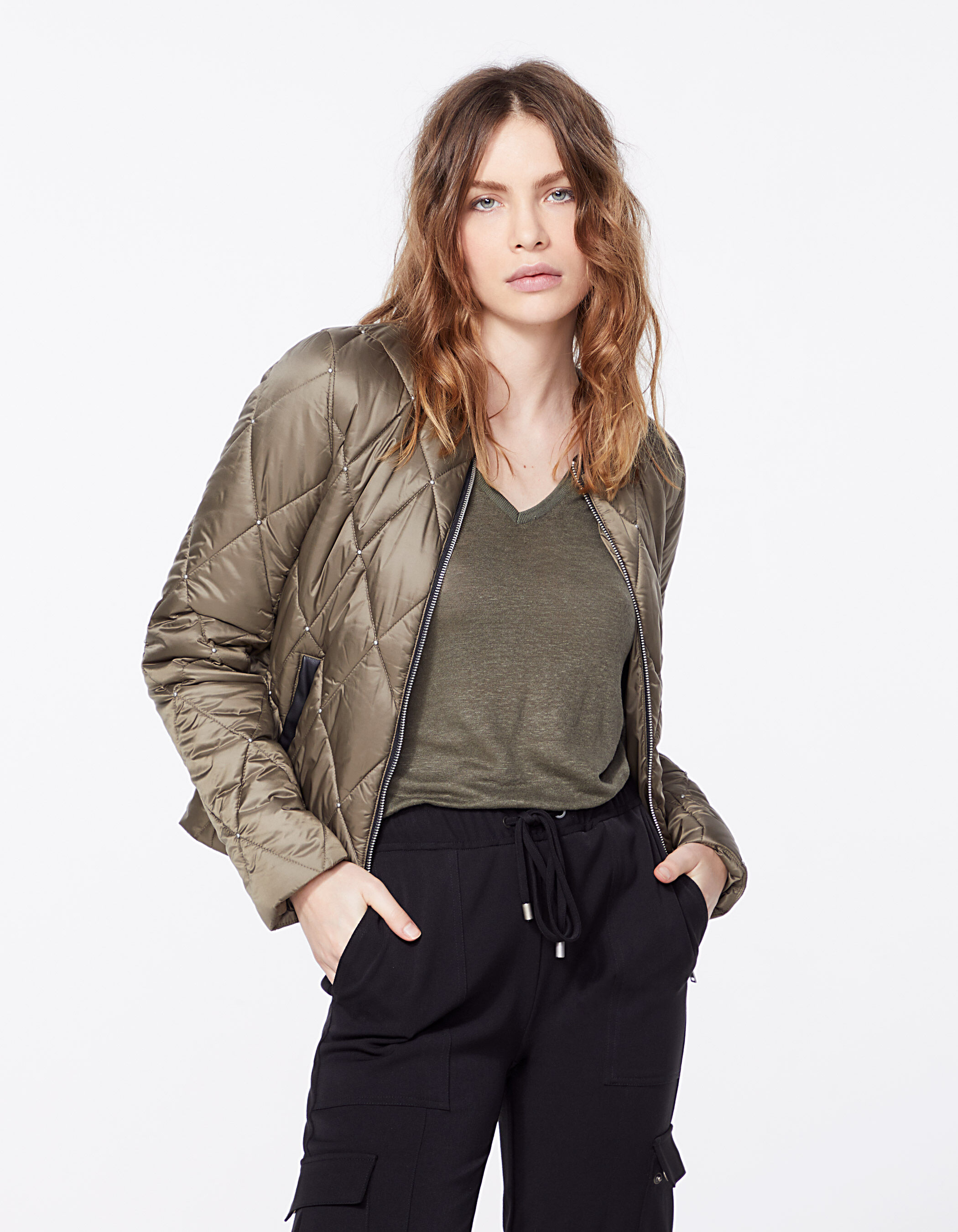 Women s khaki studded lozenge quilted light padded jacket