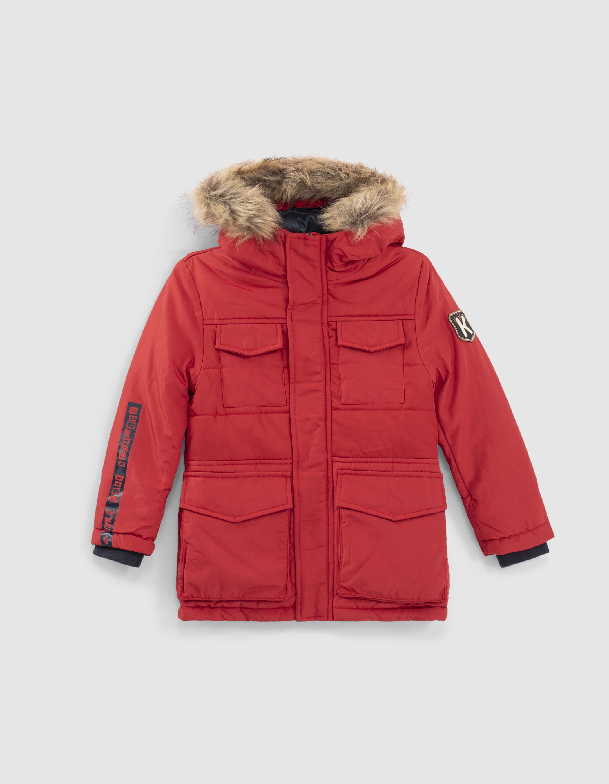 Parka rouge capuche fourr e gar on
