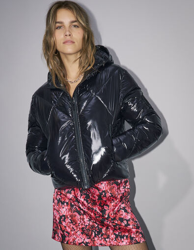 Women’s black vinyl hooded short padded jacket - IKKS