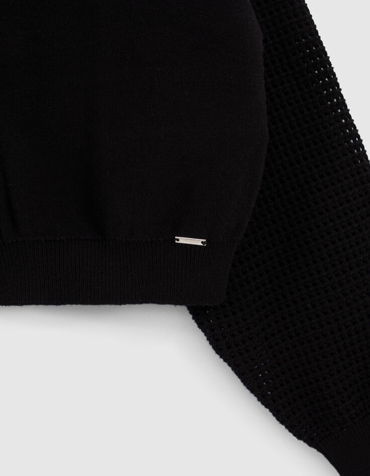 Cardigan cropped noir tricot manches ajourées fille-4
