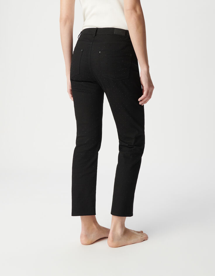 Schwarze, gerade geschnittene Damen-Jeans mit schwarzen Strasssteinverzierungen-4