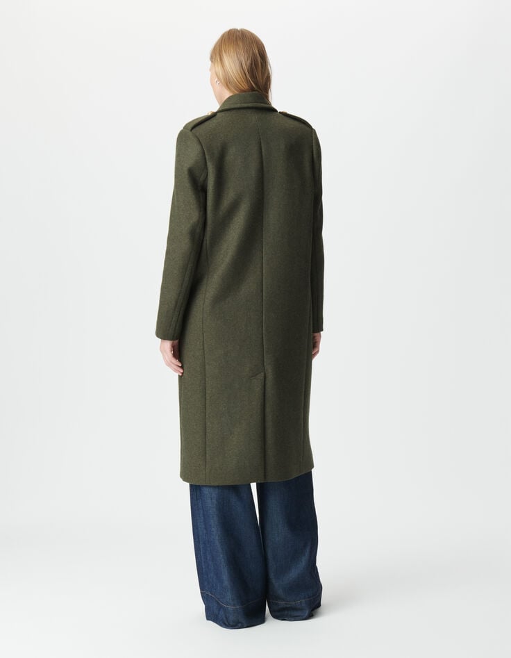 Women’s khaki long pea coat with engraved buttons-3 Women’s khaki long pea coat with engraved buttons-3