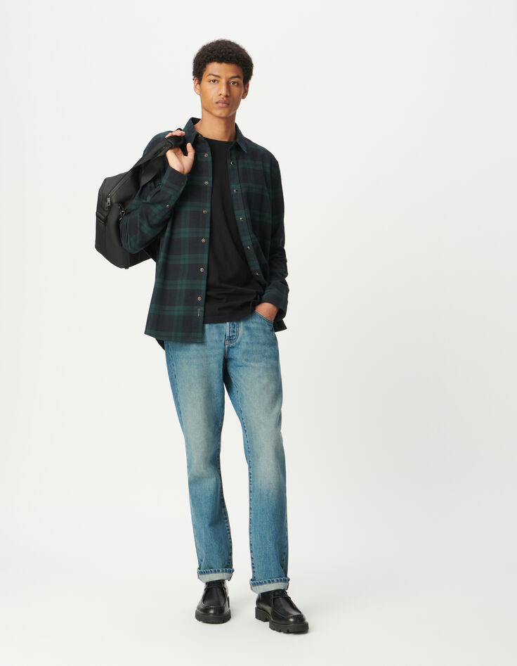 Men&rsquo;s navy and green regular check shirt with press studs-3