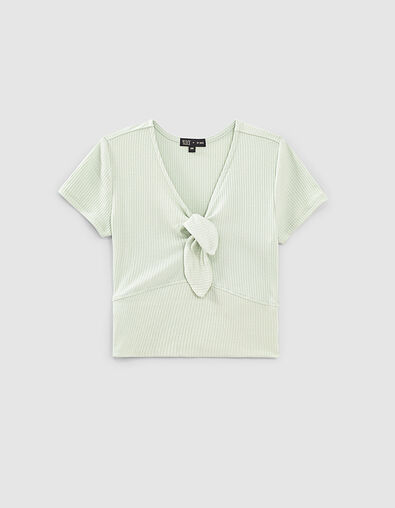 Girls’ mint ribbed cropped T-shirt with bow - IKKS