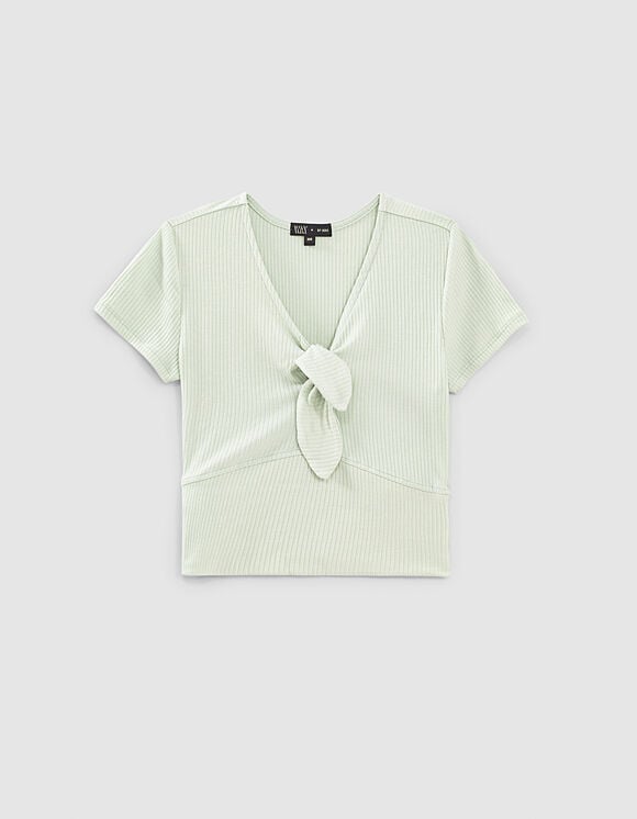 Girls’ mint ribbed cropped T-shirt with bow