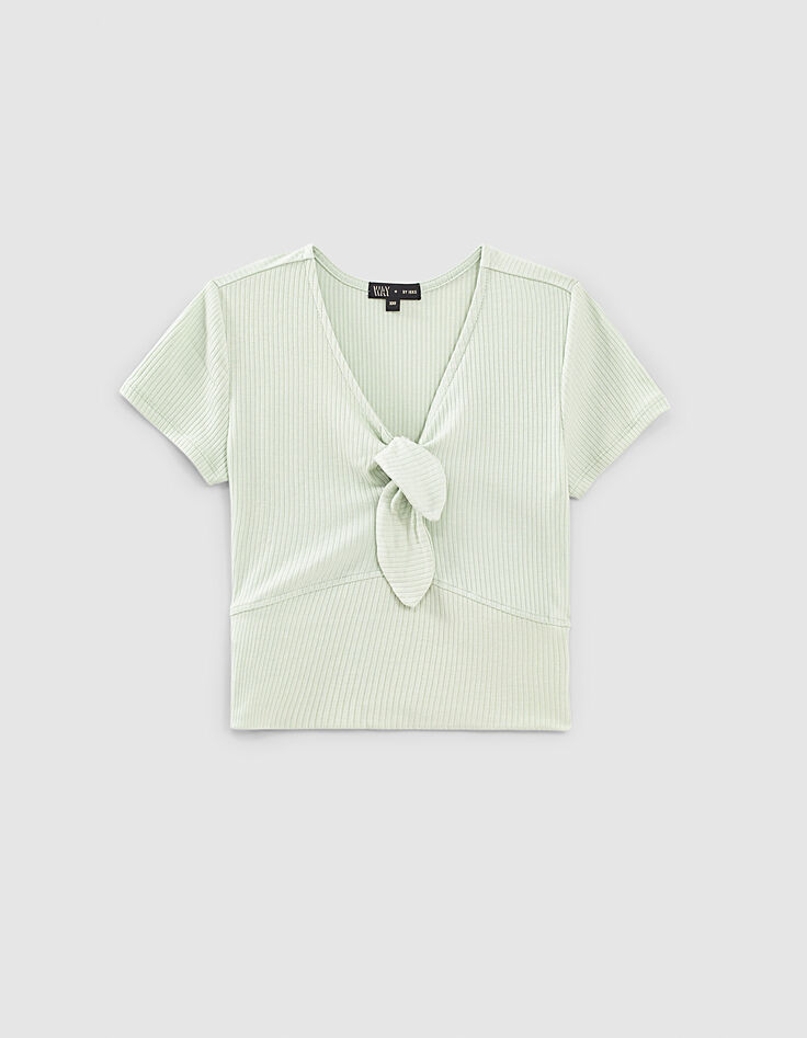 Camiseta verde menta cropped bordes acanalados lazo niña-1 Camiseta verde menta cropped bordes acanalados lazo niña-1