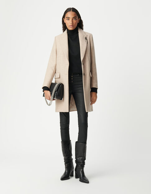 Straight sesame coat with rhinestone brooch Women - IKKS
