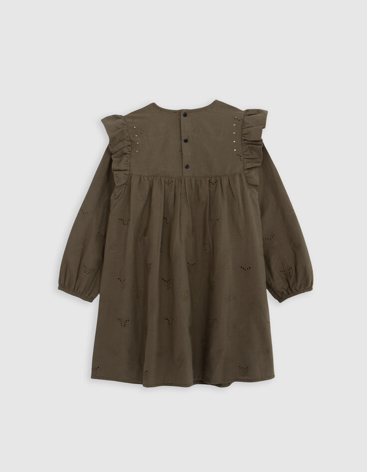 Kaki jurk, anglaise borduursel, legermotieven, meisje-3 Kaki jurk, anglaise borduursel, legermotieven, meisje-3