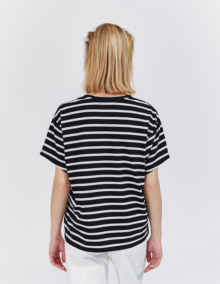Schwarzes Damen-T-Shirt mit weißen Streifen und Patches - IKKS