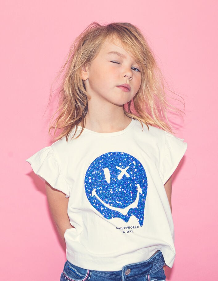 T-shirt blanc print bleu pailleté SMILEYWORLD fille - IKKS