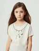 Girls&rsquo; ecru necklace embroidery T-shirt-1