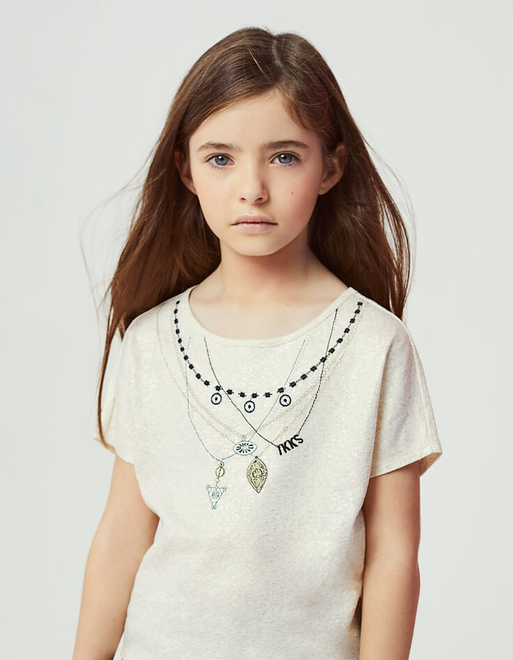 Girls&rsquo; ecru necklace embroidery T-shirt-1