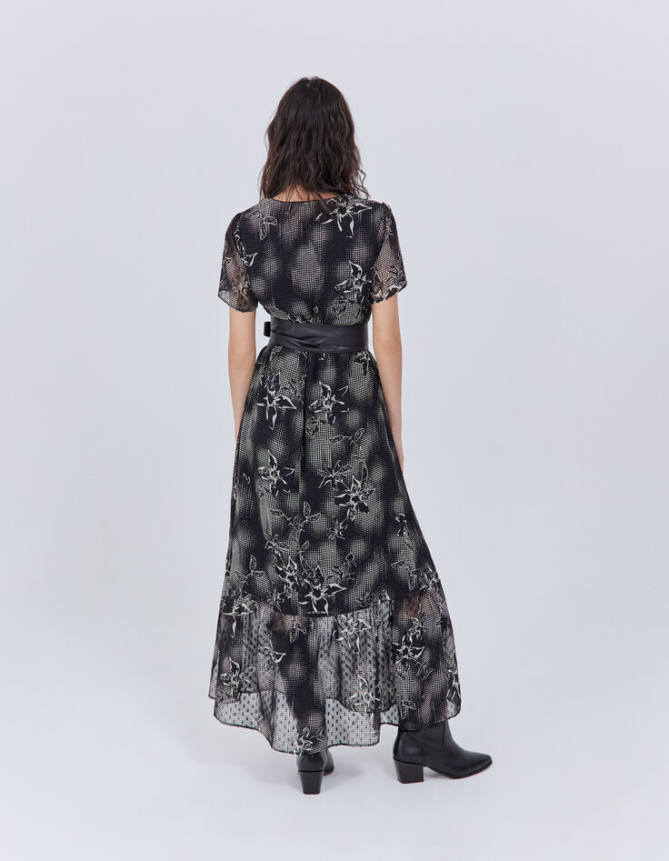 Women’s black long dress with ecru dandy flower print-2