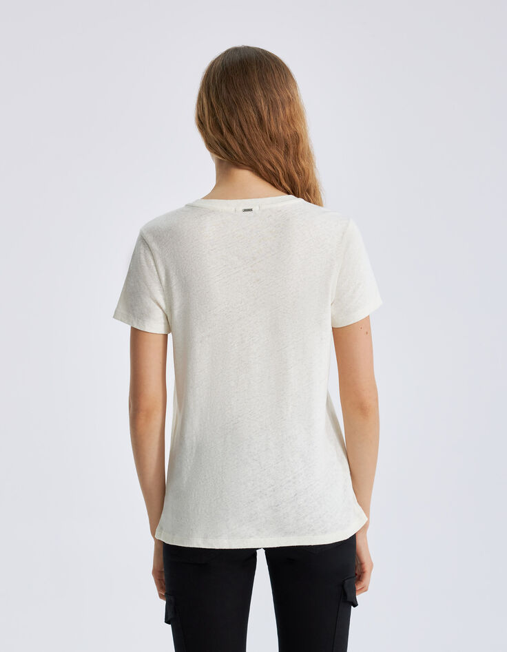 Elfenbeinfarbenes Damen-T-Shirt aus Baumwolle und Leinen-3 Elfenbeinfarbenes Damen-T-Shirt aus Baumwolle und Leinen-3