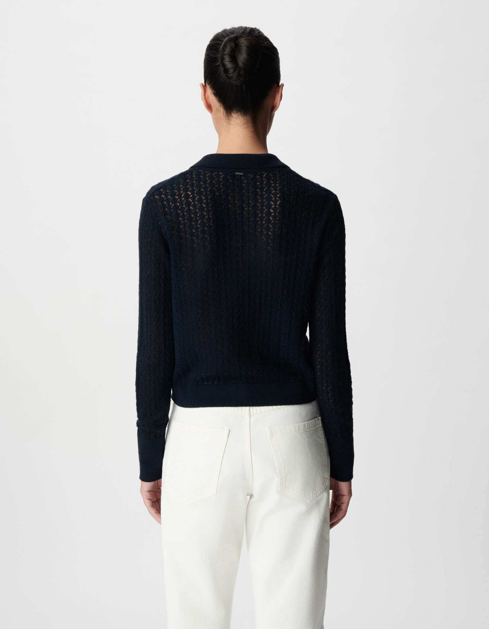 トップス ENCOMING KNITTED SHORT CARDIGAN Women's navy openwork knitted short cardigan