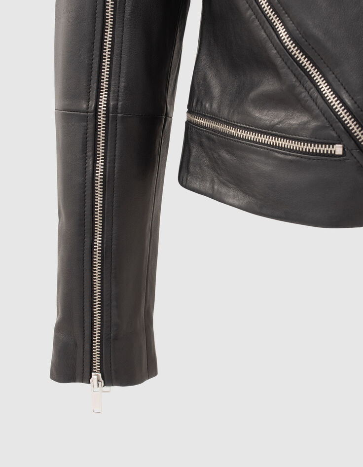 Veste en cuir noir esprit motard multi zips Femme-9