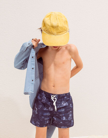 Boys' navy recycled toile de Jouy swim shorts