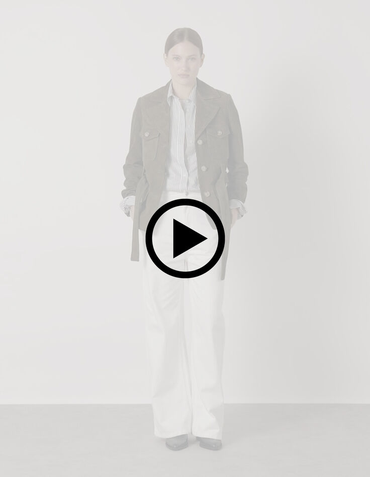 Veste saharienne kaki en cuir velours ceintur&eacute;e Femme-10