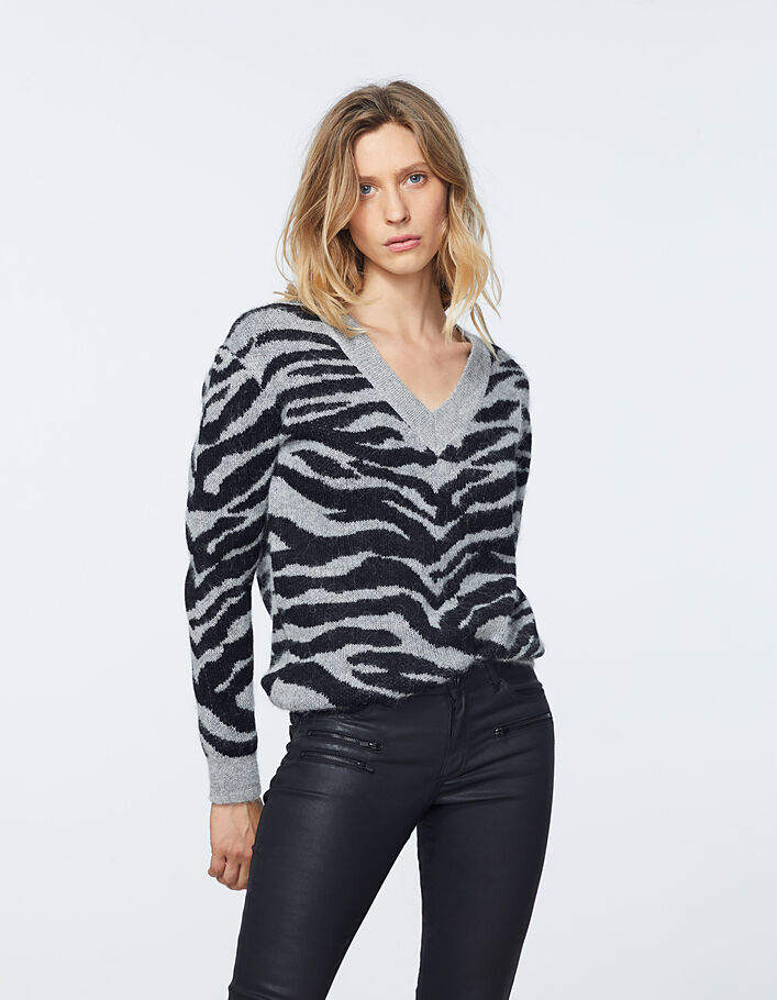 Women’s grey jacquard tiger fluffy wool sweater - IKKS