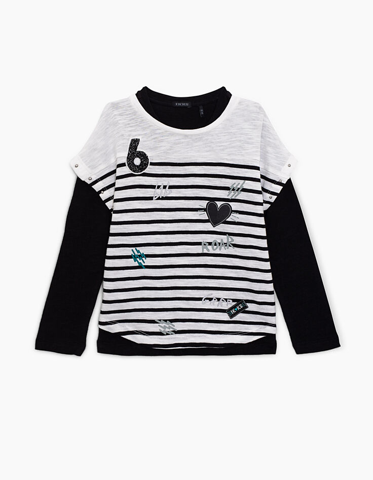 Tee-shirt 2 en 1 marinière et tee-shirt noir à cœur fille-2