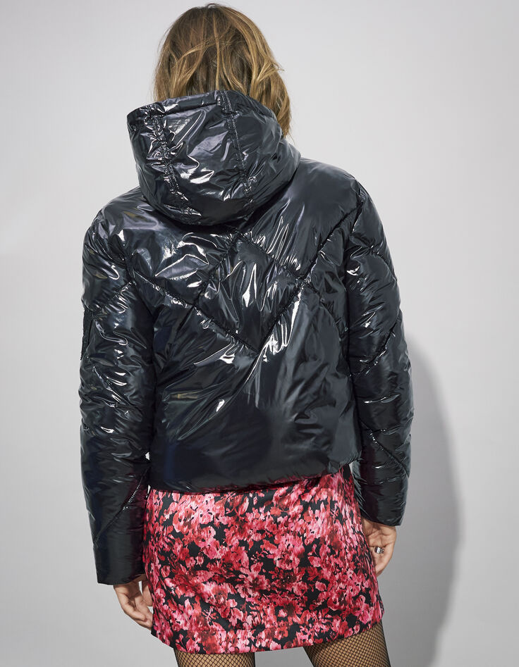 Women’s black vinyl hooded short padded jacket-3