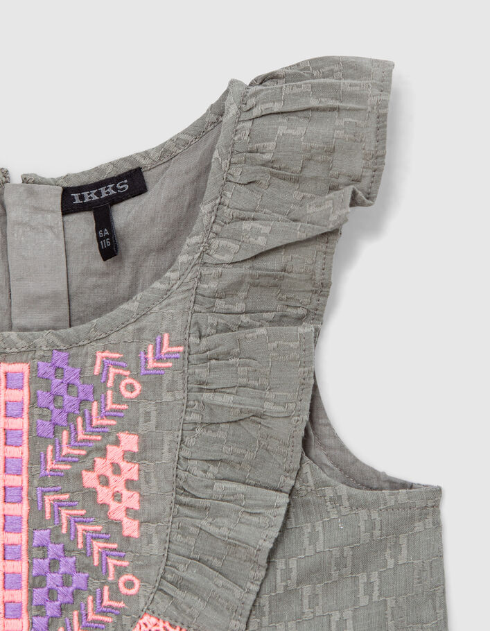 Girls’ khaki jacquard fabric top with neon embroidery - IKKS