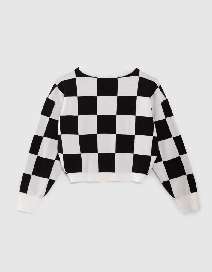 Pull cropped noir tricot motif damier blanc fille - IKKS