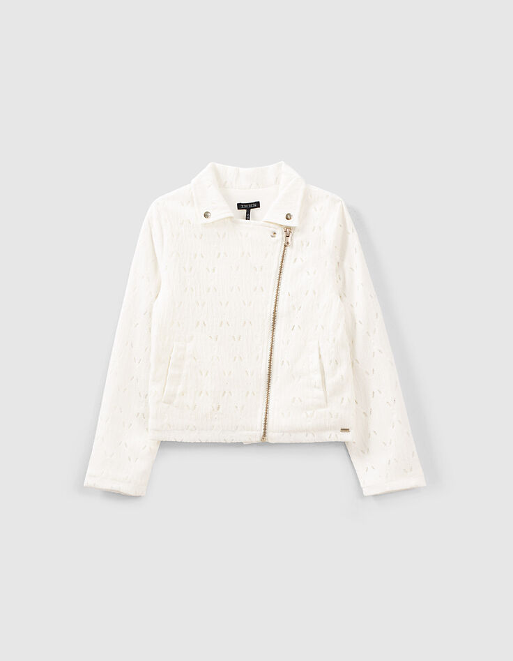 Cardigan blanc cassé en dentelle esprit motard fille-1 Cardigan blanc cassé en dentelle esprit motard fille-1