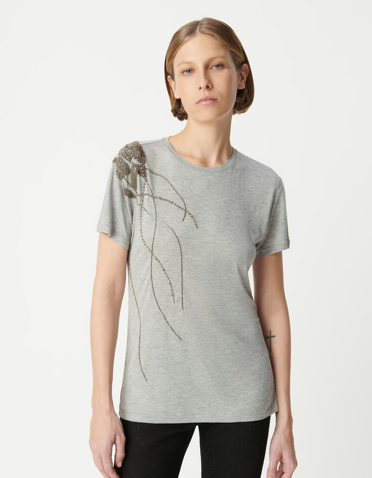 Tee-shirt gris décor perles métallisées épaule Femme-2