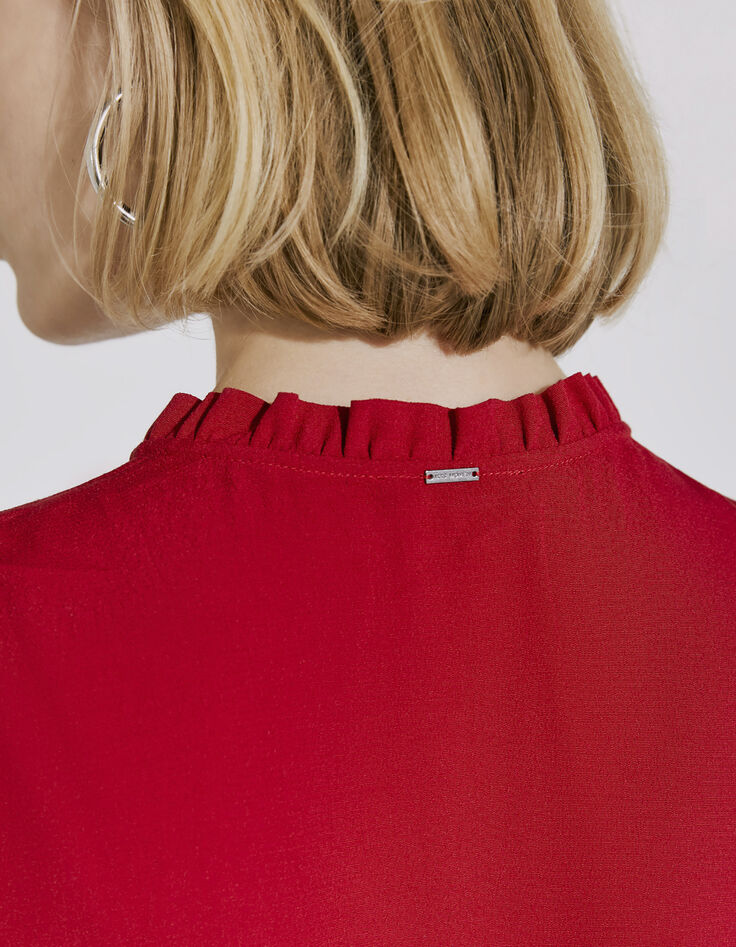 Robe courte rouge plastron dentelle et col victorien femme-4