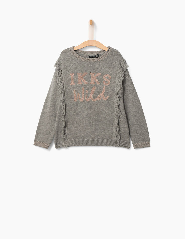 Pull gris à franges côtés et marquage cuivré fille-2