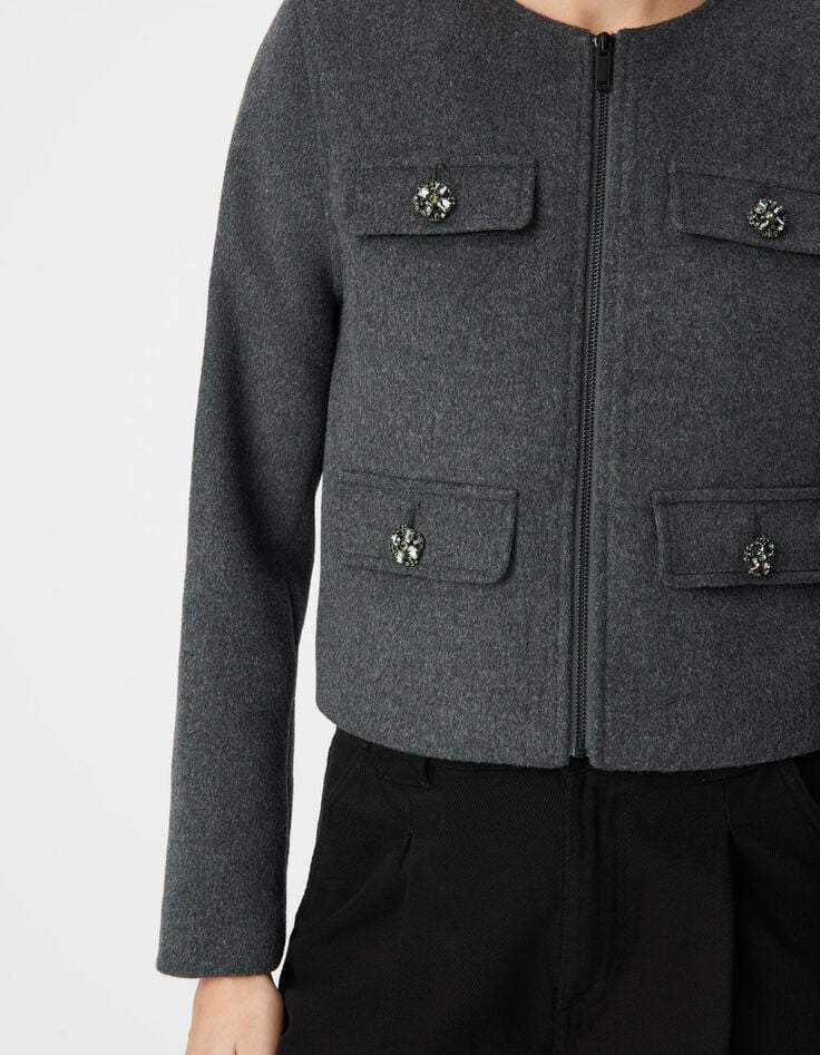 Women’s grey woolcloth box jacket with diamanté buttons-4 Women’s grey woolcloth box jacket with diamanté buttons-4