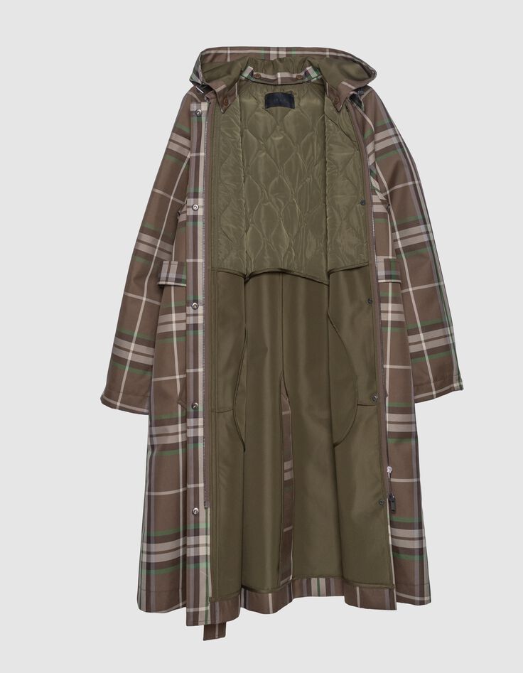 Women&rsquo;s khaki check long trench coat with detachable hood-8