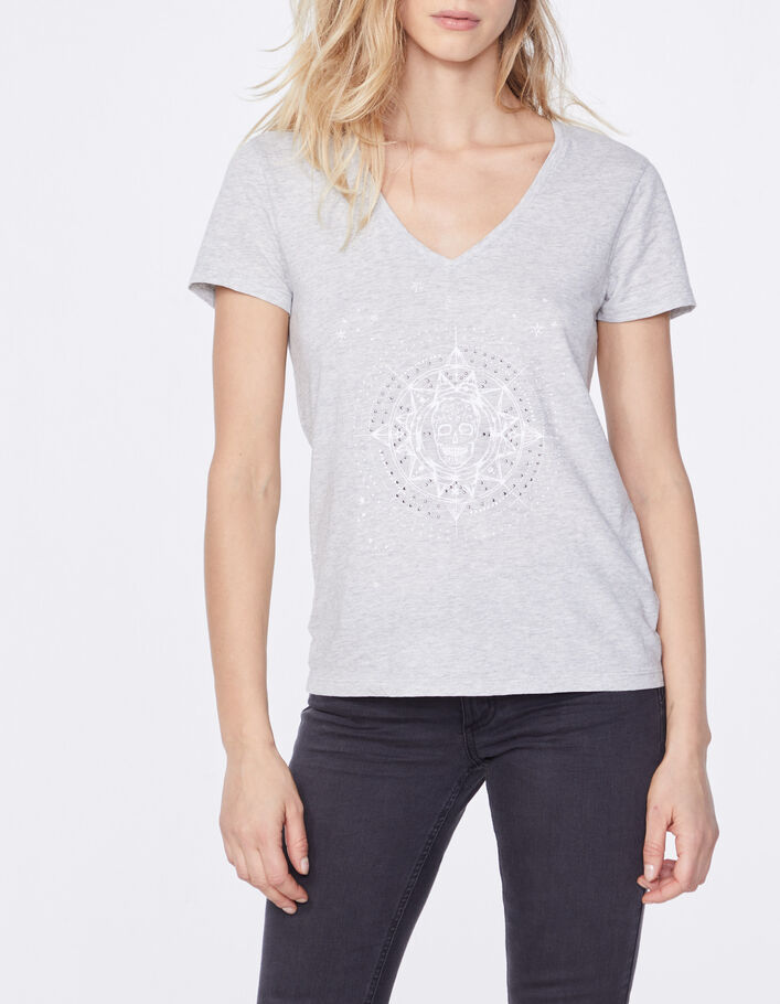 Grey graphic print slub cotton V-neck T-shirt-2