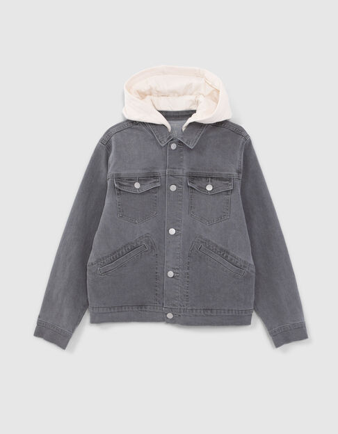 Boys&rsquo; grey waterless denim jacket with detachable hood - IKKS