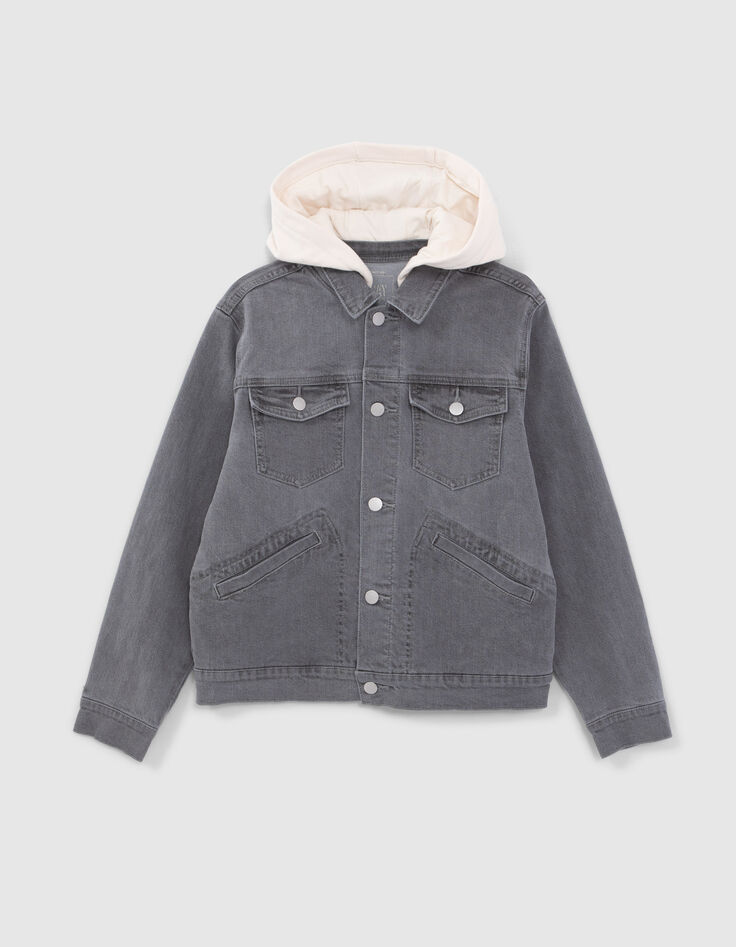 Boys&rsquo; grey waterless denim jacket with detachable hood-1