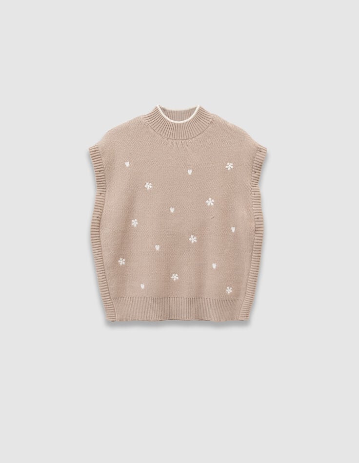 Beiger Mädchenstrickpulli abnehmbare Ärmel-5