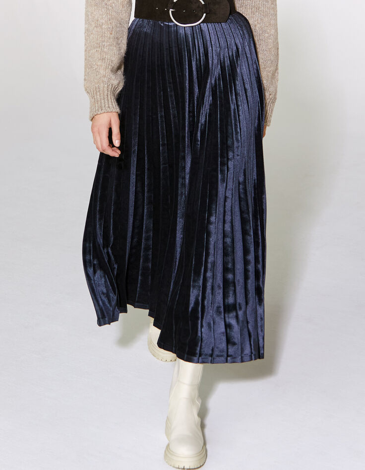 Jupe longue plissée en velours bleu marine femme-2