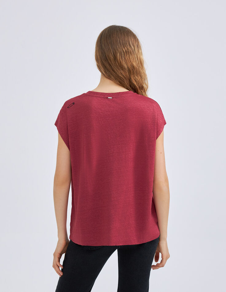 Bordeaux T-shirt iriserend linnen tricot geborduurd Dames-3