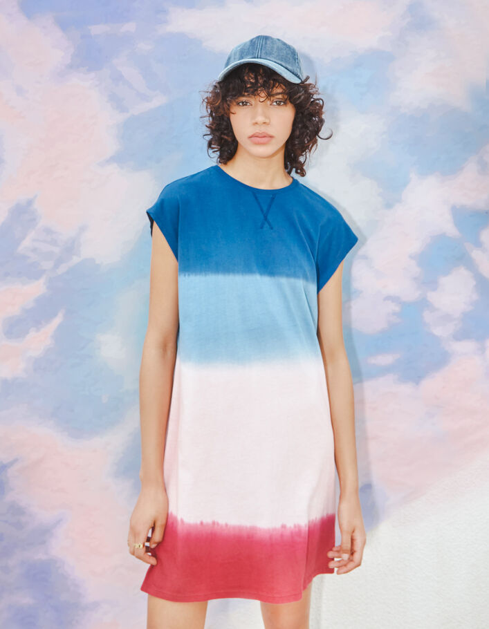 Women’s blue and pink tie-dye jersey T-shirt dress - IKKS