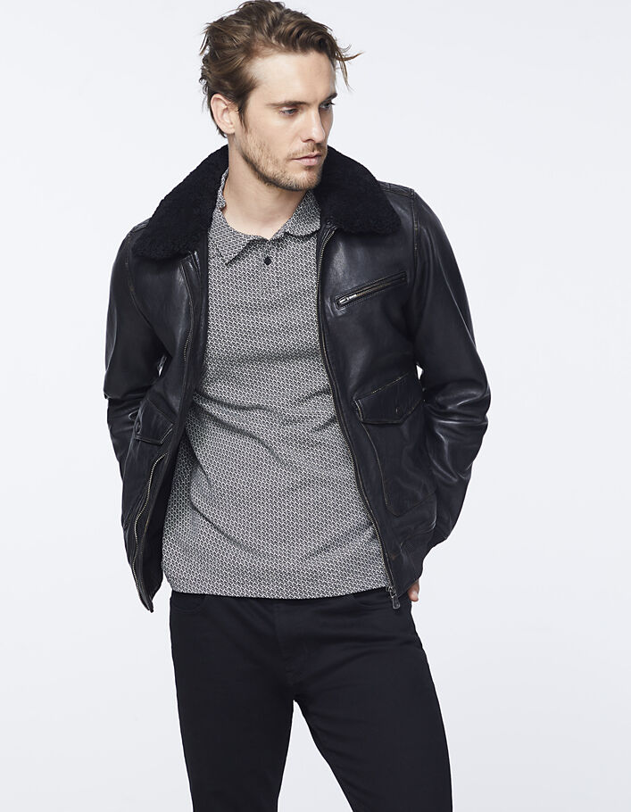 Men’s black Sherpa collar leather jacket - IKKS