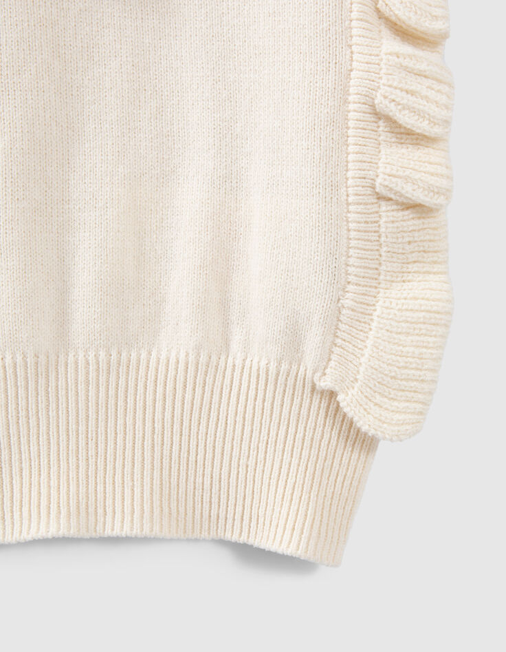 Pull écru tricot volants sans manches fille-4