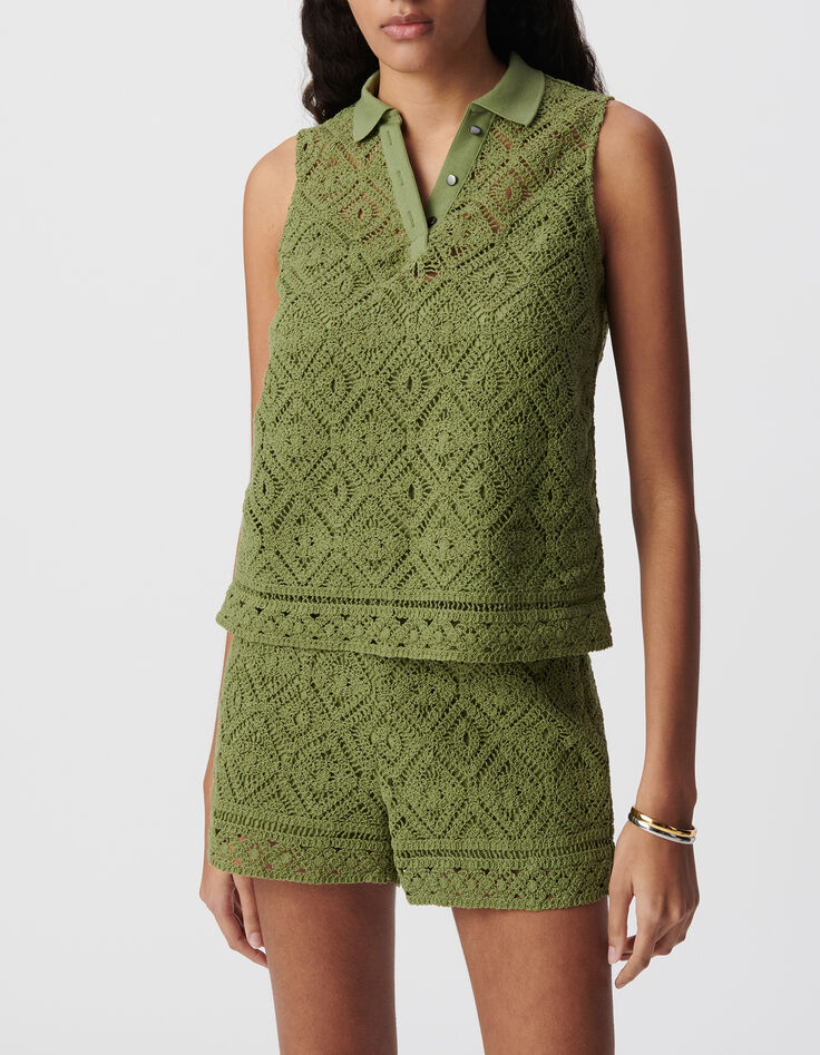 Dames-top in groen biologisch katoen met gehaakte polokraag-2