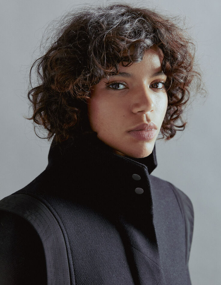 Manteau noir en laine épaulettes surpiquées femme-2