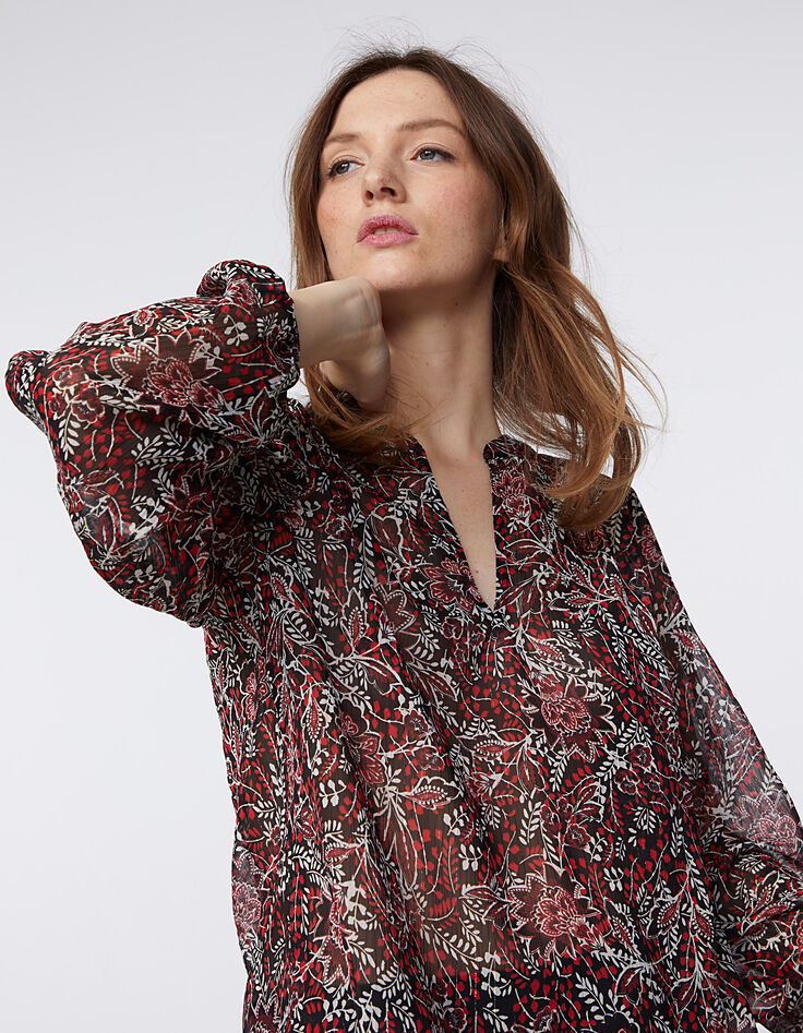 Voile blouse rode metallic bloemenprint dames-1
