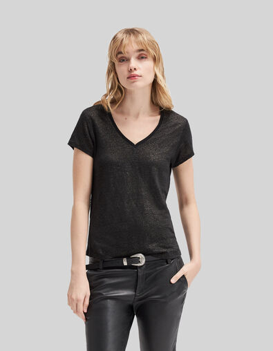 Camiseta cuello de pico negra de lino foil mujer - IKKS