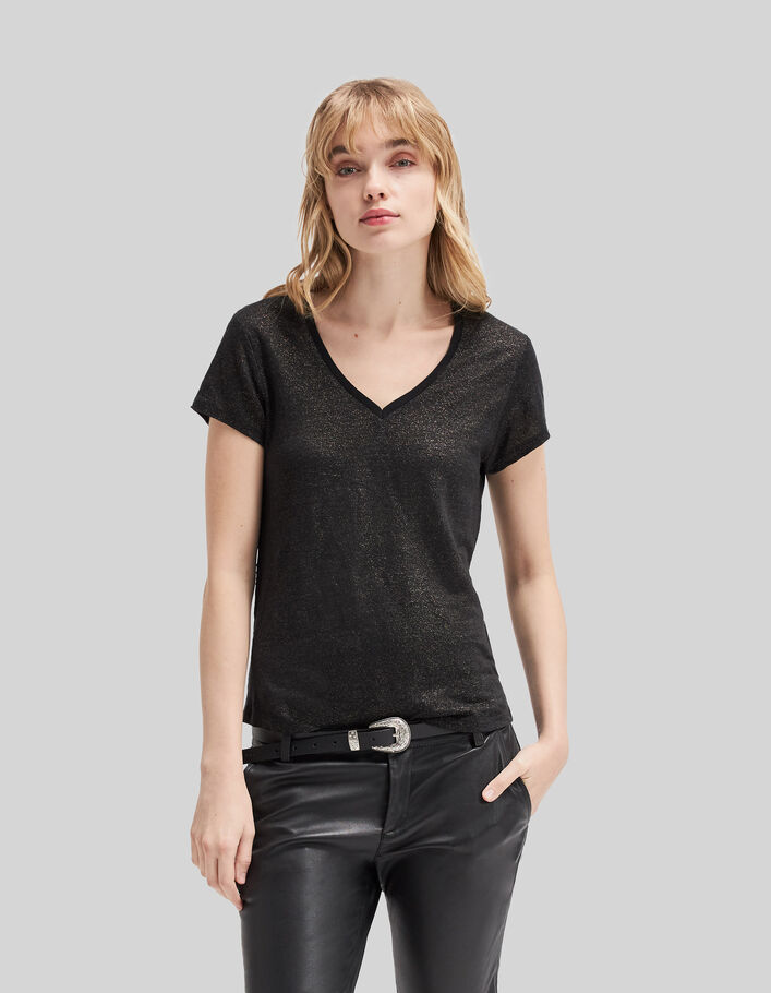 Schwarzes Damen-T-Shirt mit V-Ausschnitt in Foil-1