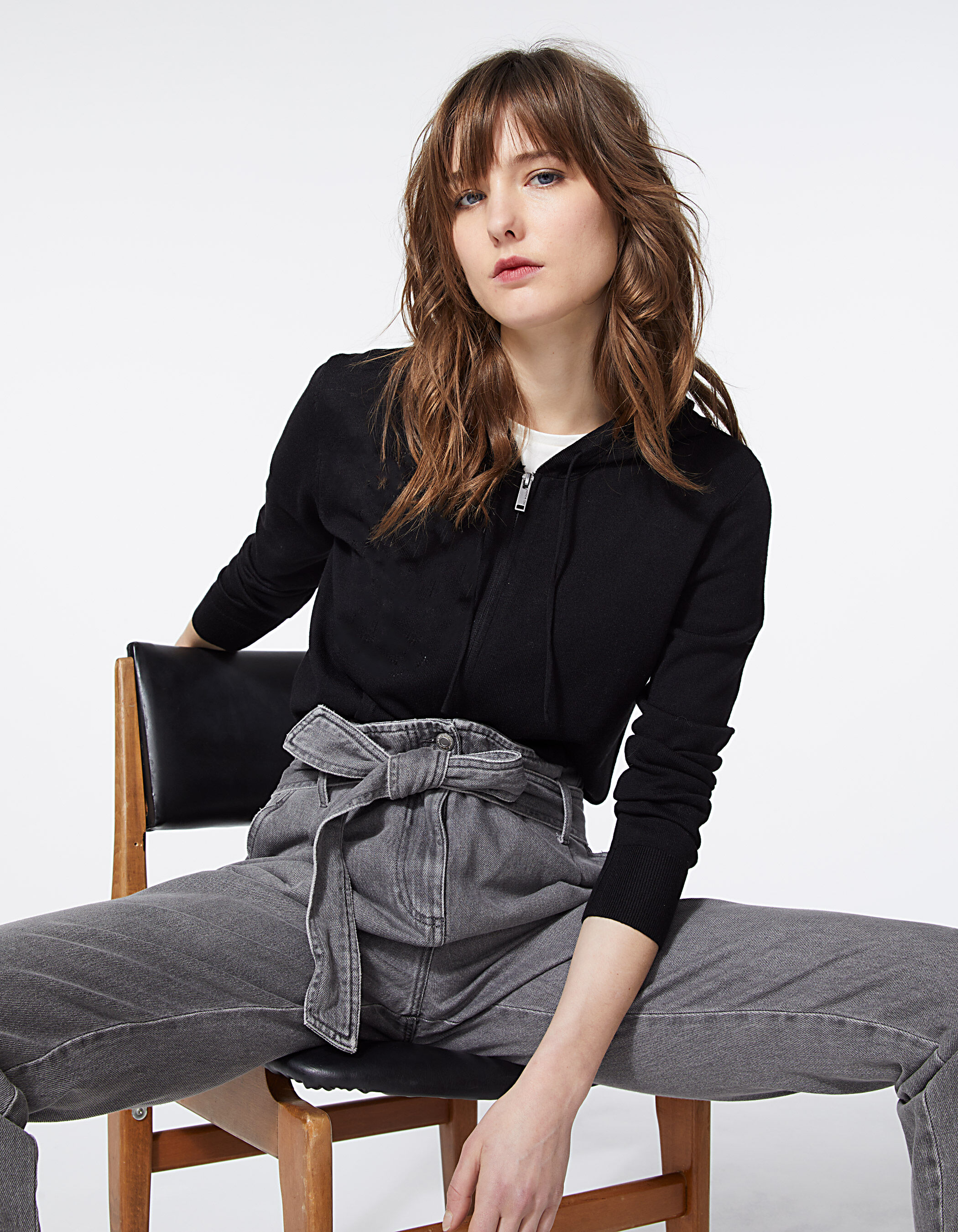 Women's black pointelle knit hooded 