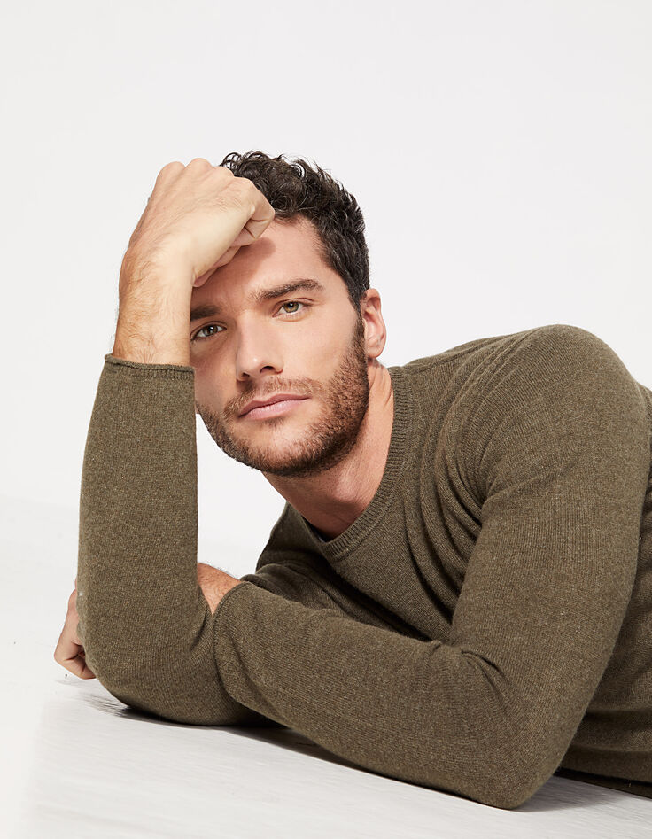Pull kaki col rond en cachemire Homme-1
