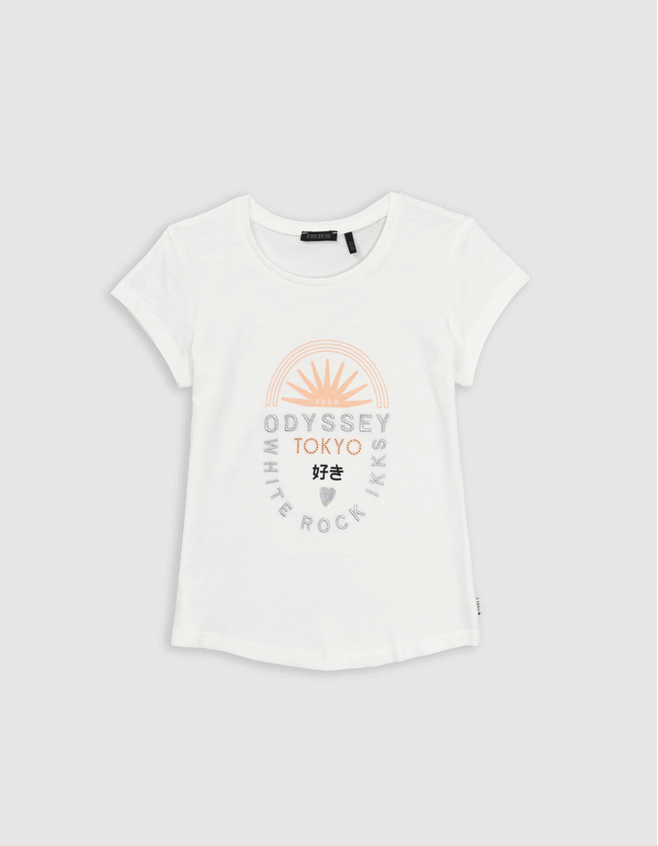 T-shirt écru coton bio message brodé silver fille-1